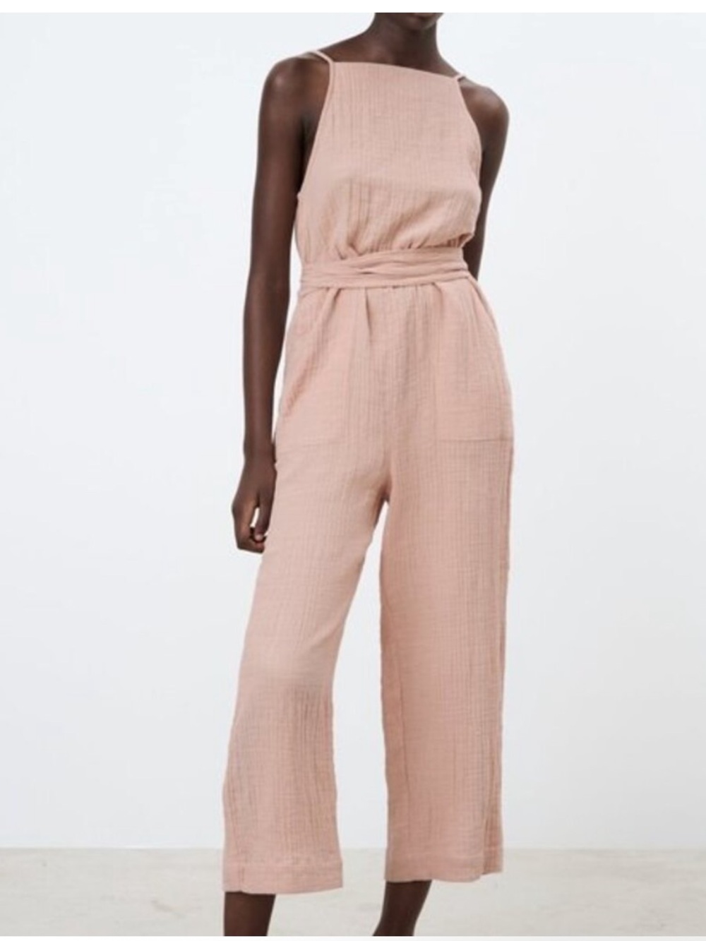 Zara Blush gauze Tie-Waist Wide-Leg crop Jumpsuit